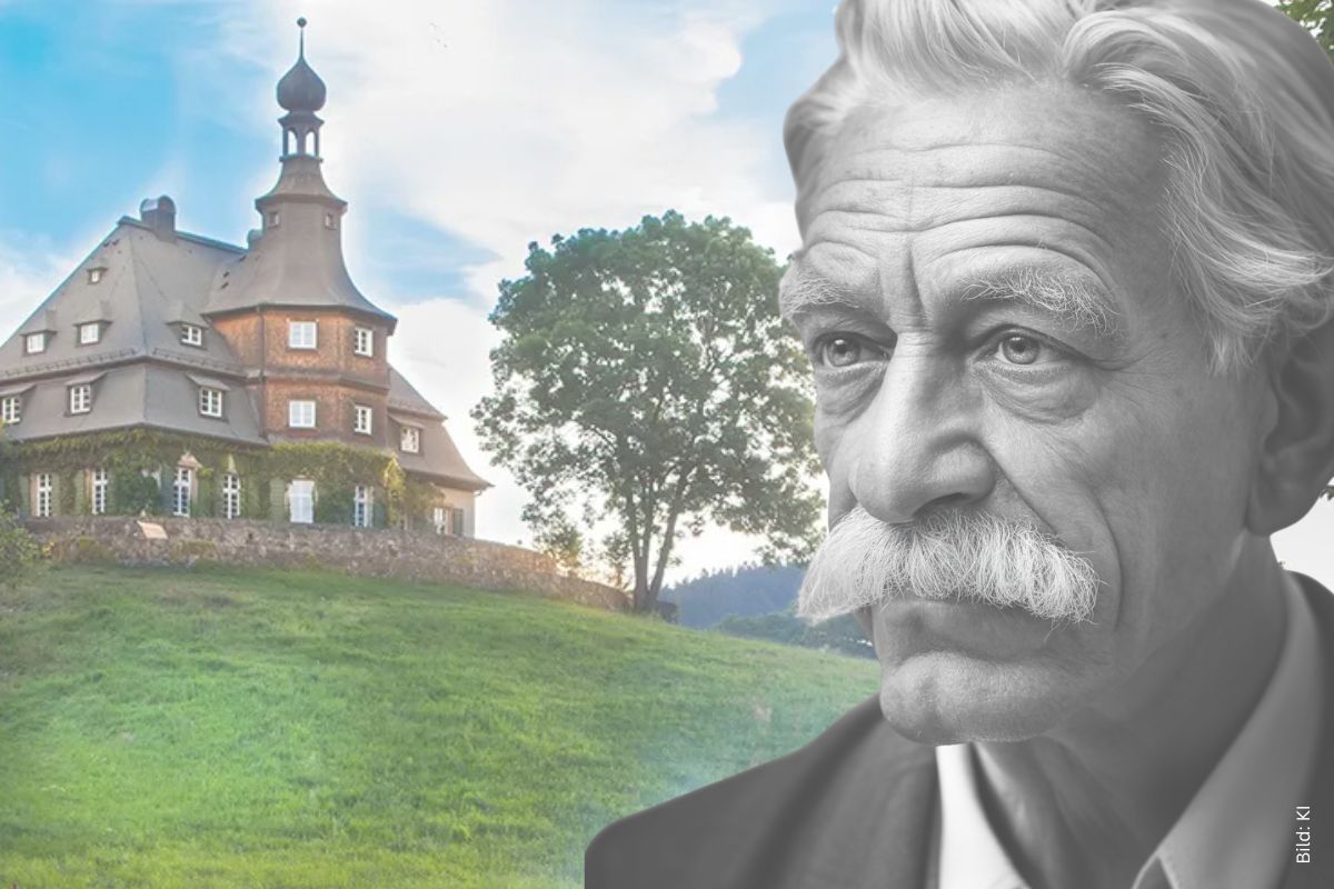 Portrait Albert Schweitzer mit Internat Birklehof im Hintergrund